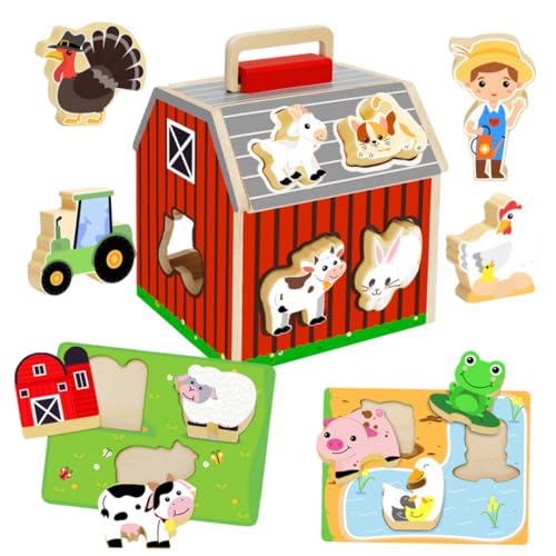 Milisten Holzbauernhof Puzzlespiel Lernspielzeug Pädagogisches Holz Bauernhaus Steckspiel für Kleinkinder mit Feinmotorischer Räumlichem und Kreativem Rollenspiel von Milisten