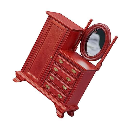 Milisten Puppenmöbel Vintage Schminktisch mit Schublade Rotes Puppenhaus Schlafzimmer Möbel Dekoratives Mini Kommode Modell Vielseitiges Puppenhaus Zubehör von Milisten