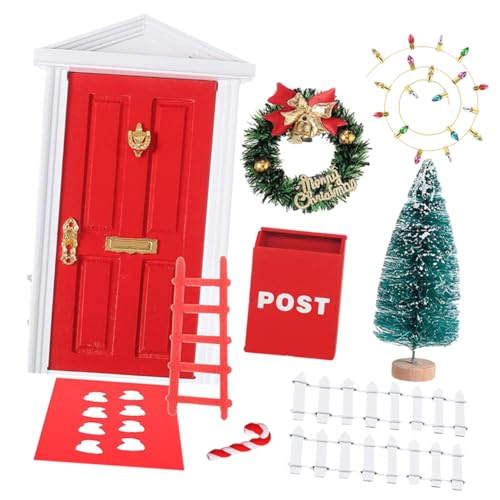 Milisten Teiliges Weihnachts DIY Miniatur Set Elfen Tür mit Roten Haus Spielzeugen Detailreiche Puppenhaus Deko Handgefertigte Miniaturmöbel für Mädchen und Festliche Wohnraumatmosphäre von Milisten