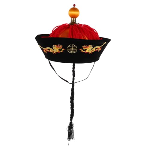 Milisten Traditioneller Chinesischer Qing Stil Hut mit Zöpfen und Pferdeschwanz Dekorativer Kopfschmuck für Authentische Kaiser Kopfbedeckung für Cosplay Party und Bühnenauftritte von Milisten