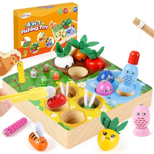MilliGlee Magnetisches Angelspiel Montessori Spielzeug ab 2 Jahre Kinderspielzeug 4 in 1 Holz Magnetspiel Motorikspielzeug Holzspielzeug Geschenk für Junge und Mädchen ab 2 3 4 Jahre (4in1) von MilliGlee