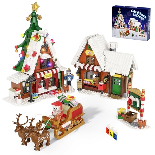 Millionenspring Weihnachtsdorf Bausatz mit geführten Lichtern, Weihnachtsmann Schneemann und Rentier, Kinder Boyfriends Erwachsene und Familien 1418PCS von Millionspring