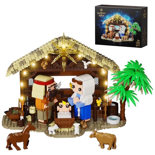 Millionspring Jesus-Krippen-Bausatz mit LED-Beleuchtung – Weihnachtskrippen-Set mit Maria, Josef, dem Jesuskind – Festtagsdekoration, kreatives Geschenk für Kinder & Erwachsene (1000 Teile) von Millionspring