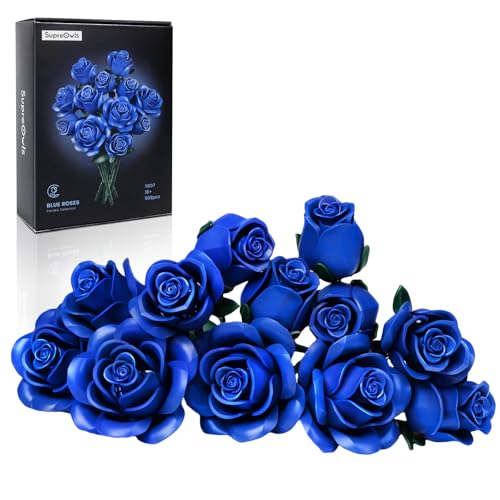 Millionspring-Set mit blauen Rosen, Blumenstrauß-Bausatz mit 12 blauen künstlichen Rosen, Geschenke für sie zum Geburtstag, Jahrestag, Valentinstag, Muttertag, Weihnachten, Heimdekoration, 608-teilig von Millionspring