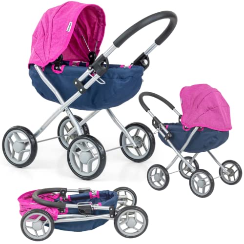 Milly Mally Puppenwagen Dori klappbar, für Mädchen ab 3 Jahren, mit Verdeck, Schaumrädern, Gurten Prestige Navy von Milly Mally