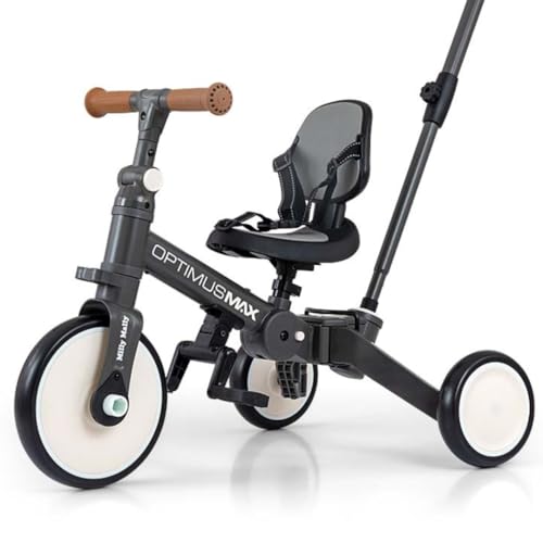 Milly Mally Tricycle 5in1 Optimus Max Baby-Dreirad Dreirad für Kinder mit Steuergriff für Eltern 1 bis 4 Jahren (Dark Grey) von Milly Mally