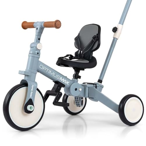 Milly Mally Tricycle 5in1 Optimus Max Baby-Dreirad Dreirad für Kinder mit Steuergriff für Eltern 1 bis 4 Jahren (Denim) von Milly Mally
