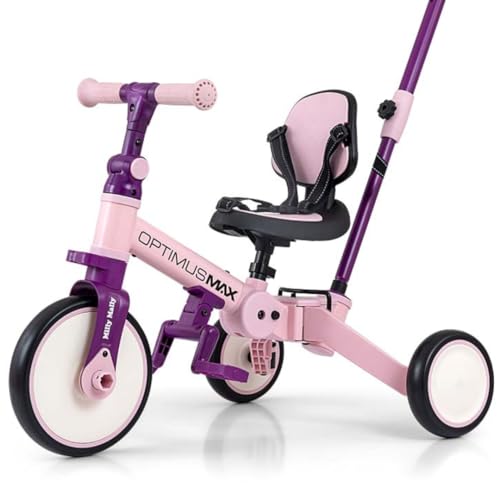 Milly Mally Tricycle 5in1 Optimus Max Baby-Dreirad Dreirad für Kinder mit Steuergriff für Eltern 1 bis 4 Jahren (Pink) von Milly Mally