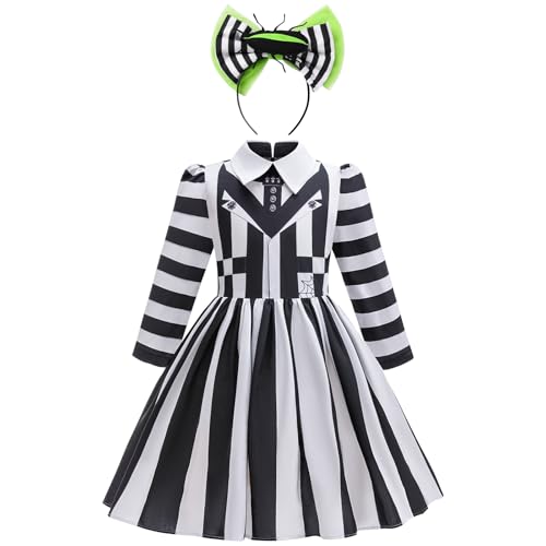 Miltrs Halloween-Kostüm für Mädchen, schwarz-weiß gestreiftes Kleid mit Stirnband für Film, Cosplay-Kostüm von Miltrs