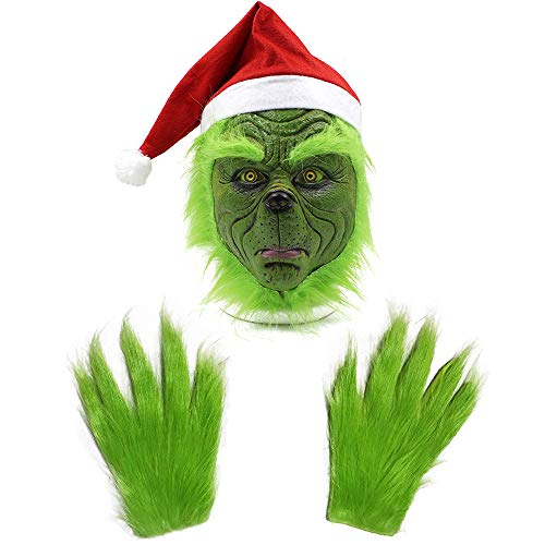 Miminuo Maske mit Weihnachtsmannmütze Weihnachtsmaske und Handschuhen Kostüm Requisiten Gruselige Latex Vollkopfmaske von Miminuo