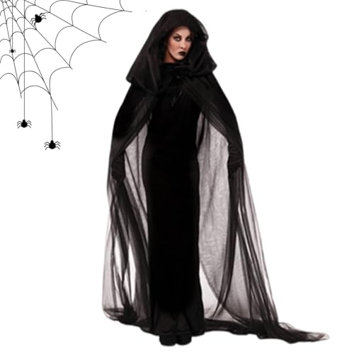 Halloween-Kapuzenumhang | Langer Zauberer-Umhang aus Geisterkostümen | Transparenter Tüllumhang perfekt für Aufführungen, Cosplay und Halloween-Veranstaltungen für Erwachsene und Jugendliche von Mimoqk