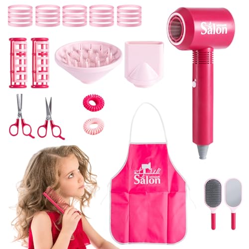 Mimoqk Beauty Salon Playset, Pretend Hair Stylist Set, Makeup Toy Set, Hairdryer Toy für Kinder, Curling Iron Playset, Pretend Hair Stylist Toy Set mit Zubehör für Mädchen von Mimoqk