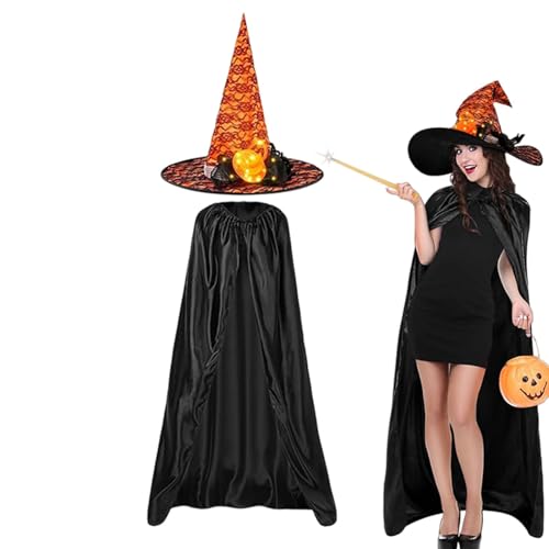 Mimoqk Halloween Umhang Set, Halloween Hexenumhang | Halloween Kostüme Hexenumhang Hexenumhang Set Schwarz mit Leuchtendem Hexenhut Halloween Kostüme von Mimoqk