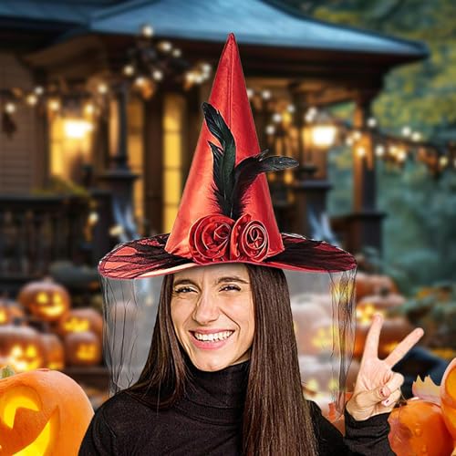 Mimoqk Hexenhut - Hexen Hut Mit Breiter Krempe Halbschleier Und Blume | Tragbares Halloween Kostümzubehör Für Damen Karneval Fantasy Festival Mimoqk Hexenhut - Hexen Hut Mit Breiter Krempe Halbschleier Und Blume | Tragbares Halloween Kostümzubehör Für Damen Karneval Fantasy Festival von Mimoqk