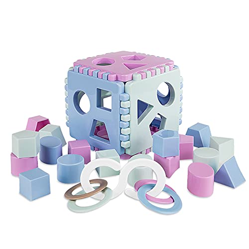 Mimtom Formensortierer Steckwürfel | Steckbox Babyspielwürfel mit 18 Sortierblöcken und Kinderrassel hergestellt in der EU| Lernspielzeug für Kinder von 1-3 Jahren - lila, blau & grün von Mimtom