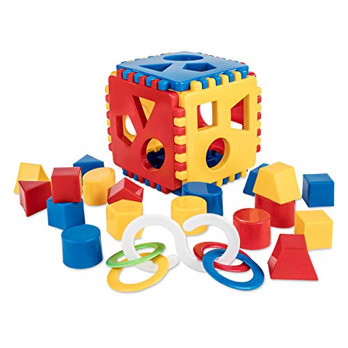 Mimtom Formensortierer Steckwürfel | Steckbox Babyspielwürfel mit 18 Sortierblöcken und Spielringe hergestellt in der EU| Lernspielzeug für Kinder von 1-3 Jahren - rot, blau & gelb von Mimtom