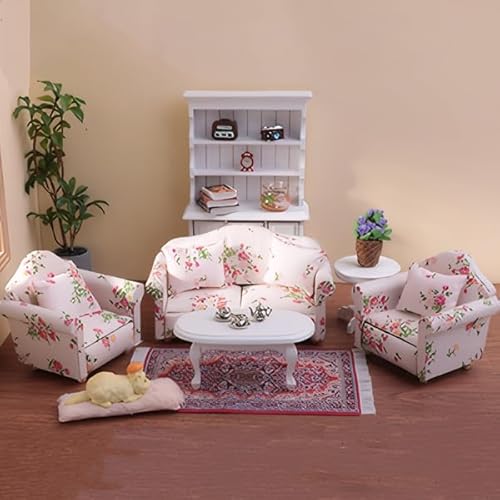Minamzee 1:12 Puppenhaus Möbel Sofa Set, 16 Teiliges Miniatur Holz Couch mit Kissen, Couchtisch, Teppich Puppenstuben Möbel Zubehör Set für Das Wohnzimme von Minamzee