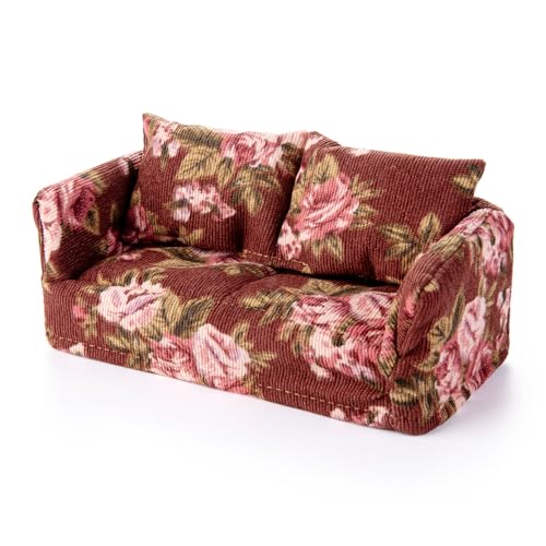 Dollhouse Sofa, 1: 12 hölzerne abnehmbare Puppenhaus -Doppel -Couch mit Kissen, Miniaturpuppenhaus Möbelzubehör für Doll House Wohnzimmer (Braun) von Minamzee