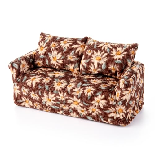 Dollhouse Sofa, 1: 12 hölzerne abnehmbare Puppenhaus -Doppel -Couch mit Kissen, Miniaturpuppenhaus Möbelzubehör für Doll House Wohnzimmer (Kaffeefarbe) von Minamzee