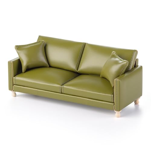 Dollhouse Sofa, 1: 12 Lederpuppenhaus Doppel Couch mit 2 Kissen, Miniaturpuppenhausmöbelzubehör für Doll House Wohnzimmer (Grün) von Minamzee