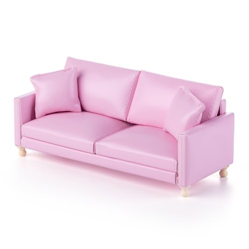 Dollhouse Sofa, 1: 12 Lederpuppenhaus Doppel Couch mit 2 Kissen, Miniaturpuppenhausmöbelzubehör für Doll House Wohnzimmer (Rosa) von Minamzee