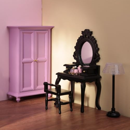 Minamzee 1/12 Puppenhausmöbel Kleiderschrank Set, 5 Teiligess Miniatur Öffnere Garderobe, Kommode mit Hocker, Stehlampe und winzige Accessoires für Schlafzimmermöbel von Minamzee