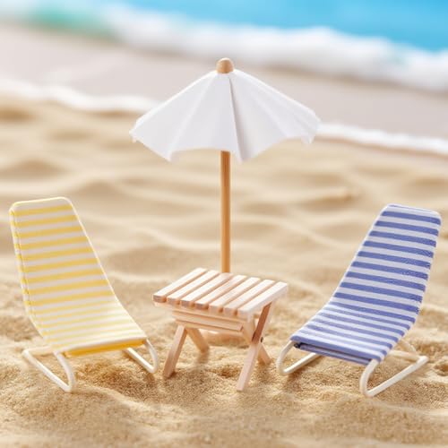 Minamzee 1:12 Miniatur Puppenhaus Strand Zubehör Set Mit Metall Strandliege, Holz Sonnendac Und Klapptisch, Puppenhaus Möbel Deko Für Strand, Im Freien(Blau + Gelb) von Minamzee
