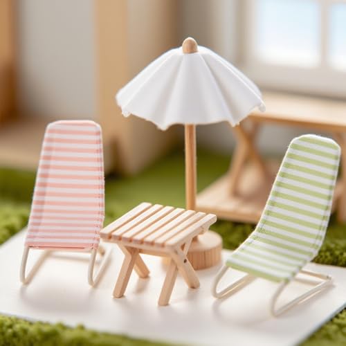 Minamzee 1:12 Miniatur Puppenhaus Strand Zubehör Set Mit Metall Strandliege, Holz Sonnendac Und Klapptisch, Puppenhaus Möbel Deko Für Strand, Im Freien (Pink + grün) von Minamzee