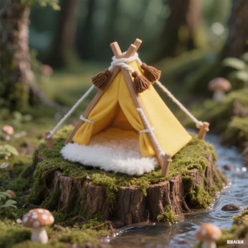 Minamzee 1:12 Puppenhausmöbel Zelt, Fee Stil Miniatur Spitzenzelt mit Teppich, Puppenhaus Zubehör Camping Bett Zelt für Garten, Terrasse, Schlafzimmer, Außenmöbel (Gelbes Campingzelt) von Minamzee