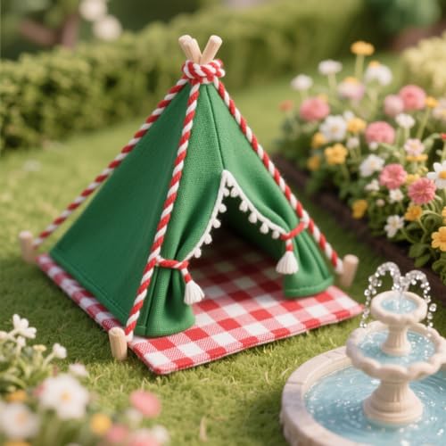 Minamzee 1:12 Puppenhausmöbel Zelt, Fee Stil Miniatur Spitzenzelt mit Teppich, Puppenhaus Zubehör Camping Bett Zelt für Garten, Terrasse, Schlafzimmer, Außenmöbel (Grünes Campingzelt) von Minamzee