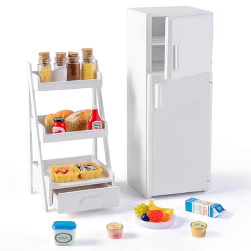 1/12 Puppenhaus Miniatur Kühlschrank Set, 36 Pcs Aus Holz Mini DIY Puppenhausküche Möbelzubehör-Set, Kühlschrank, Lagerregal und Küchendekorationszubehör, für Puppenhaus-Liebhaber von Minamzee