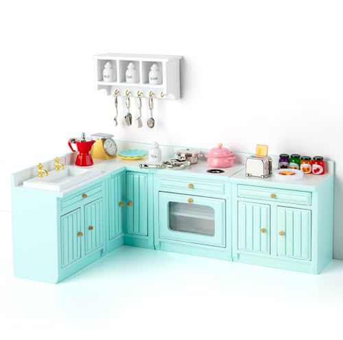 1/12 Puppenhaus Miniatur Küche Set, 30 pcs Hölzernes Puppenhaus Möbel Küche Herd, Spülbeckenschrank, Eckschrank, Aufbewahrungsschrank und Küchendekorationszubehör, für Puppenhaus-Liebhaber von Minamzee