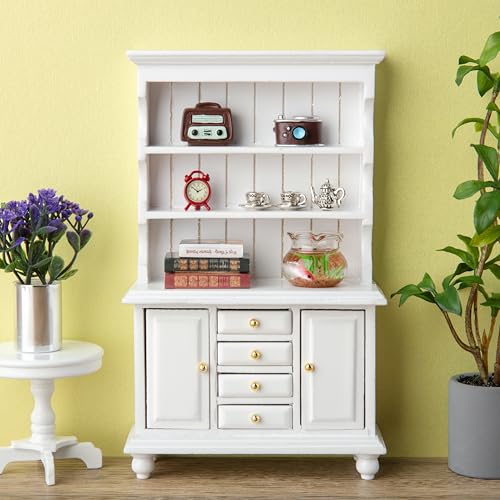 Minamzee 1/12 Puppenhaus Schrankset,11Pcs Miniatur Puppenhaus Holzbuchhandel mit Accessoires (Wecker, Fischtank, Bücher, Kaffeetassen) für Wohnzimmer, Esszimmer, Lernen und andere Szenen von Minamzee