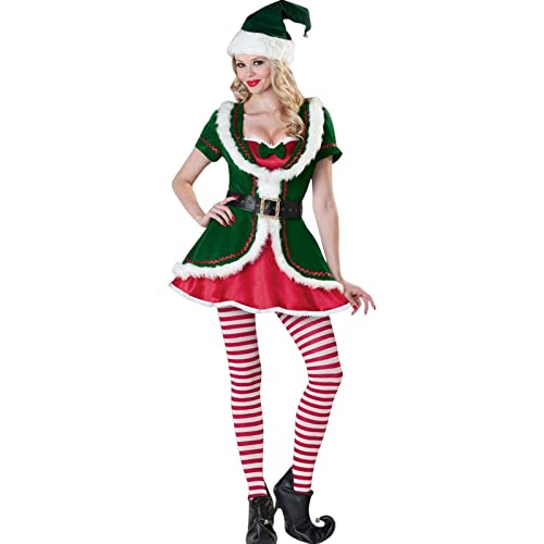 Minan Frauen Weihnachten Sexy Elfenkostüm Für Erwachsene, Grünes Elfendamen Samt Weihnachtskleid, Mit Hutstrumpf Kostü, Für Frauen Damen Party (/L/XL) von Minan