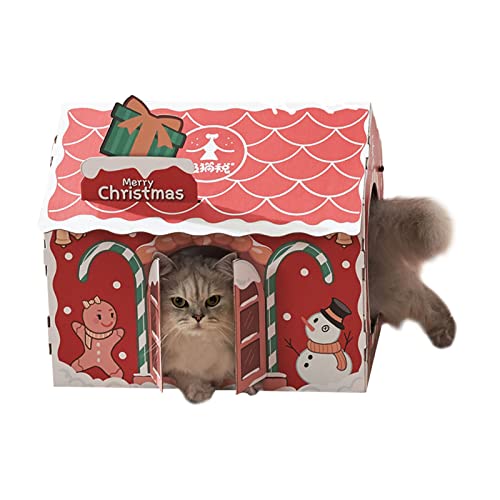 Minan Wellpappe Katzenhaus, Kratzbrett Spielzeug Mit Fenstern Und Katzenminze, Weihnachtskatzenhaus, Katzengeschenke (46x33x40cm) Rot von Minan