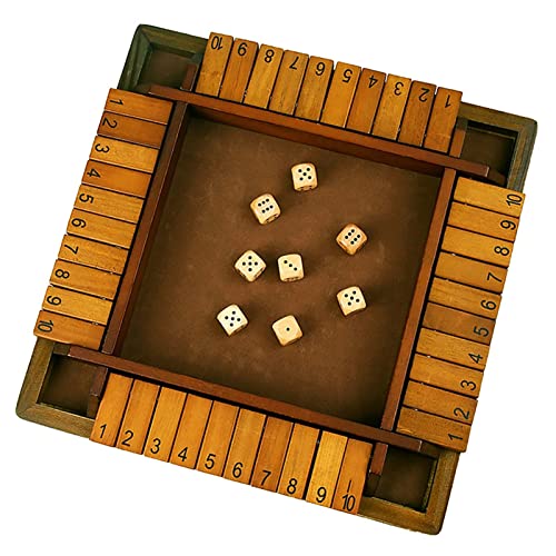 Shut The Box Würfelspiel für 2-4 Spieler, Holz Tisch Spiel Klassisch Würfelspiel Board Spielzeug, 4-Seitiges Holz Brettspiel und 8 Würfel, für Kinder und Erwachsene (30x30cm) von Minan