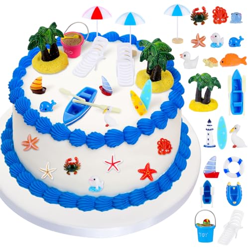 50 Stück Strandkorb Regenschirm Kuchen Dekoration, Sommer Ozean Kuchen Topper, Boot Palme Kuchen Topper Tropische Hawaii Strand Thema Party Dekorationen Zubehör für Pool Party Geburtstag Hochzeit von Minatee