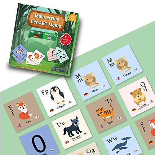 Mein erstes Tier ABC Memo | Zweisprachig deutsch-englisch | Memoryspiel | Lernen von Buchstaben Alphabet Zahlen in zwei Sprachen | Lernspiel ab 3 Jahren | Memory-Spiel Kinderspiel Merkspiel von Mind Care Essentials