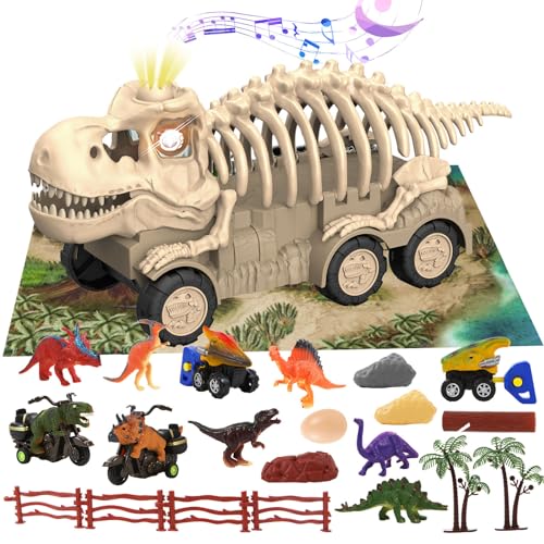 Dinosaurier LKW Spielzeug, Dinosaurier Skelettauto mit Geräuschen und Lichtern, 6 Dino Figuren, 4 Mini Dino Autos, Aktivitätsspielmatte, Eier und Bäume, Dinosaurier Spielset für Jungen und Mädchen von MindWissUp