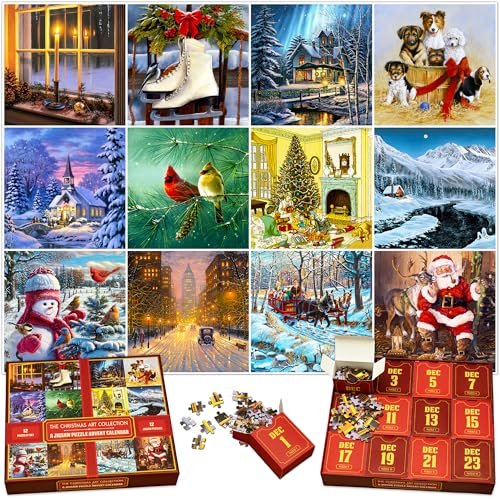 Einzigartiger Puzzle-Adventskalender 2024 – Sammlung von zwölf 100-teiligen Puzzles, Die Weihnachtskunst-Kollektion, 12 Tage Weihnachts-Countdown, Spaß für Kinder, Erwachsene und Familie von Mindmade