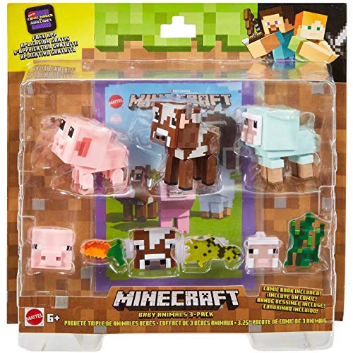 Mattel GFY78 Minecraft Comic-Modus Tierfiguren 3er-Pack mit Futterzubehör und austauschbaren Gesichtsausdrücken, Spielzeug ab 6 Jahren von Mattel