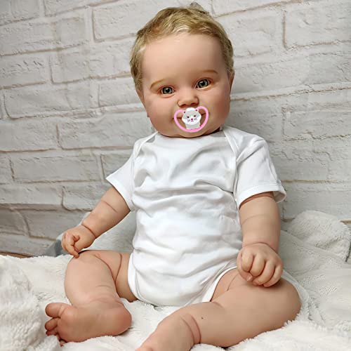 MineeQu 20 Zoll Lebensechte lächelnde weiche Berührung kuscheligen Körper Reborn Baby Puppen Geschenk-Set mit verwurzelten Blondes Haar Realistische neugeborenes Baby Dolls sehen real in grünen Augen von MineeQu