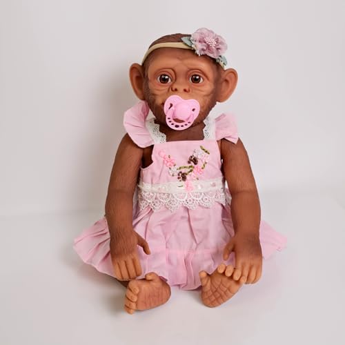 MineeQu 20 Zoll Realistische Affenpuppe Lebensechte Reborn Baby Puppe Vollkörper Vinyl Neugeborenes Affenmädchen mit Rosa Spitzenkleid & Blumenkopfbinde von MineeQu