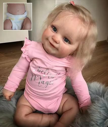 MineeQu 20 Zoll Realistische Baby Puppe Lebensechte Reborn Baby Puppen Lachendes Neugeborenes Mädchen Vinyl-Vollkörper mit Blondem Gewurzelten Haar & Rosa Outfit von MineeQu