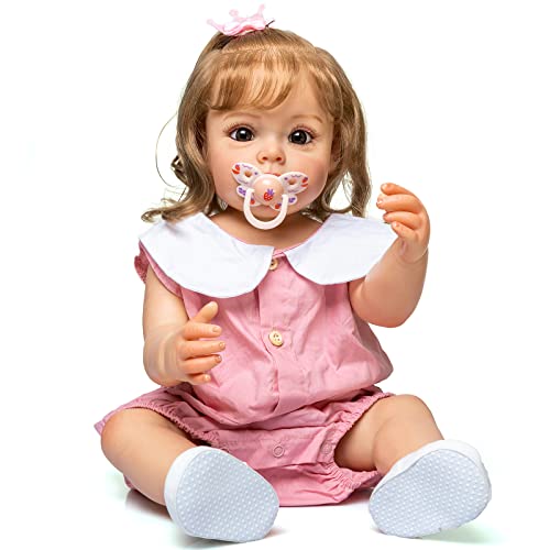 MineeQu 22 Zoll Süßes Gesicht Verwurzeltes Blondes Haar Silikon Vinyl Ganzkörper Reborn Babypuppen Anatomisch korrekt Realistisch Neugeborene Kleinkindprinzessin Dolls wasserdichte Spielzeuggeschenke von MineeQu