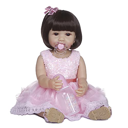 MineeQu 22 Zoll wiedergeborene Babypuppe echtes Leben gefertigt aus Silikon-Vinyl Ganzkörper-anatomisch korrekte realistische Neugeborene Kleinkind-Mädchenpuppen in rosa Paillettenkleid MineeQu 22 Zoll wiedergeborene Babypuppe echtes Leben gefertigt aus Silikon-Vinyl Ganzkörper-anatomisch korrekte realistische Neugeborene Kleinkind-Mädchenpuppen in rosa Paillettenkleid von MineeQu