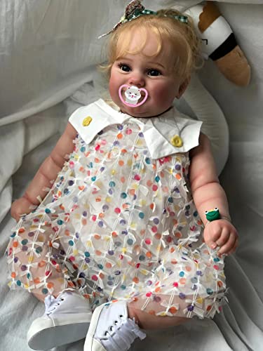 MineeQu 24 Zoll 60CM Alive Riesige Babygröße Süß lächelnde Wiedergeborene Babypuppen Geschenkset mit blonden lockigen Haaren Realistische neugeborene Kleinkinder Prinzessinnenpuppen, die echt aussehen von MineeQu