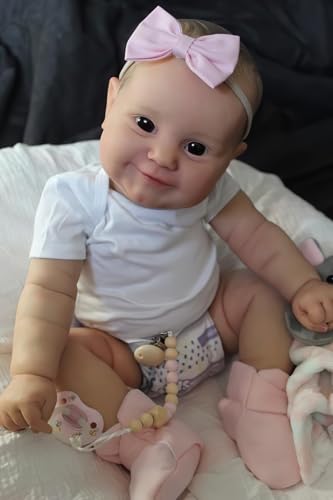 MineeQu 24 Zoll 60CM Lebensechte Riesige Babygröße Gemaltes Haar Süßes Lächeln Kuschelige Babys Wiedergeborene Babypuppen Geschenkset Realistische Neugeborene Kleinkindpuppen die echt Aussehen von MineeQu