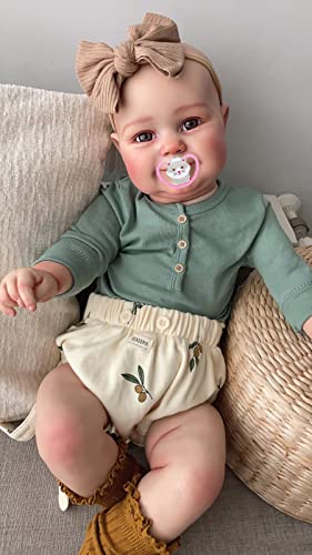 MineeQu 24 Zoll Riesige Babygröße Süßes Lächeln Realistische Neugeborene Kleinkind Mädchen Puppen mit handgezeichneten Haaren, weicher gewichteter Körper Wiedergeborene kuschelige Baby mit Flasche von MineeQu