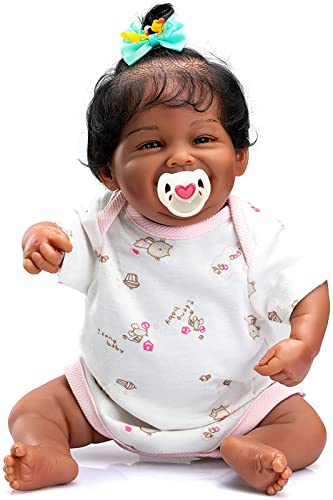 MineeQu 49CM So Wirklich Süßes Glückliches Afroamerikaner Neugeborenes Premie Girl Hergestellt in Silikon Vinyl Ganzkörper Echte Hand Verwurzeltes Haar Schwarze Haut Reborn Babypuppe von MineeQu